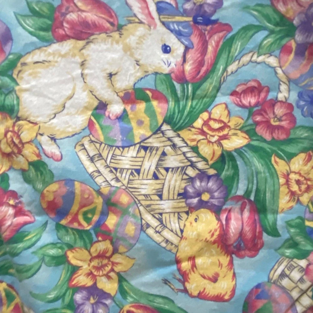 Vintage Easter Tablecloth Bunny‎ Chick Floral Egg Print Blue Pastel Spring Decor